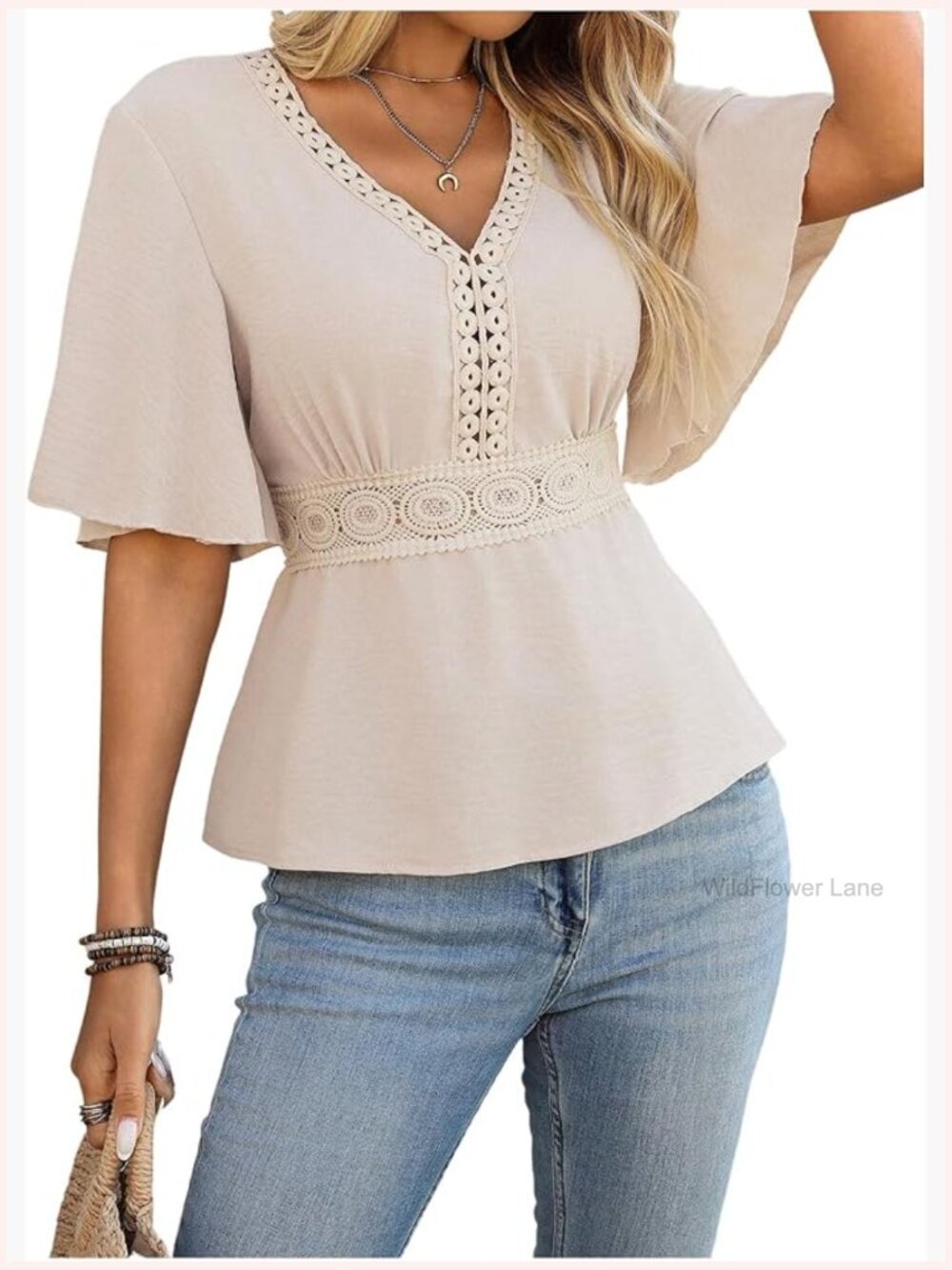 Lace Peplum Blouse V Neck Short Sleeve Ruffle Dressy Summer Top